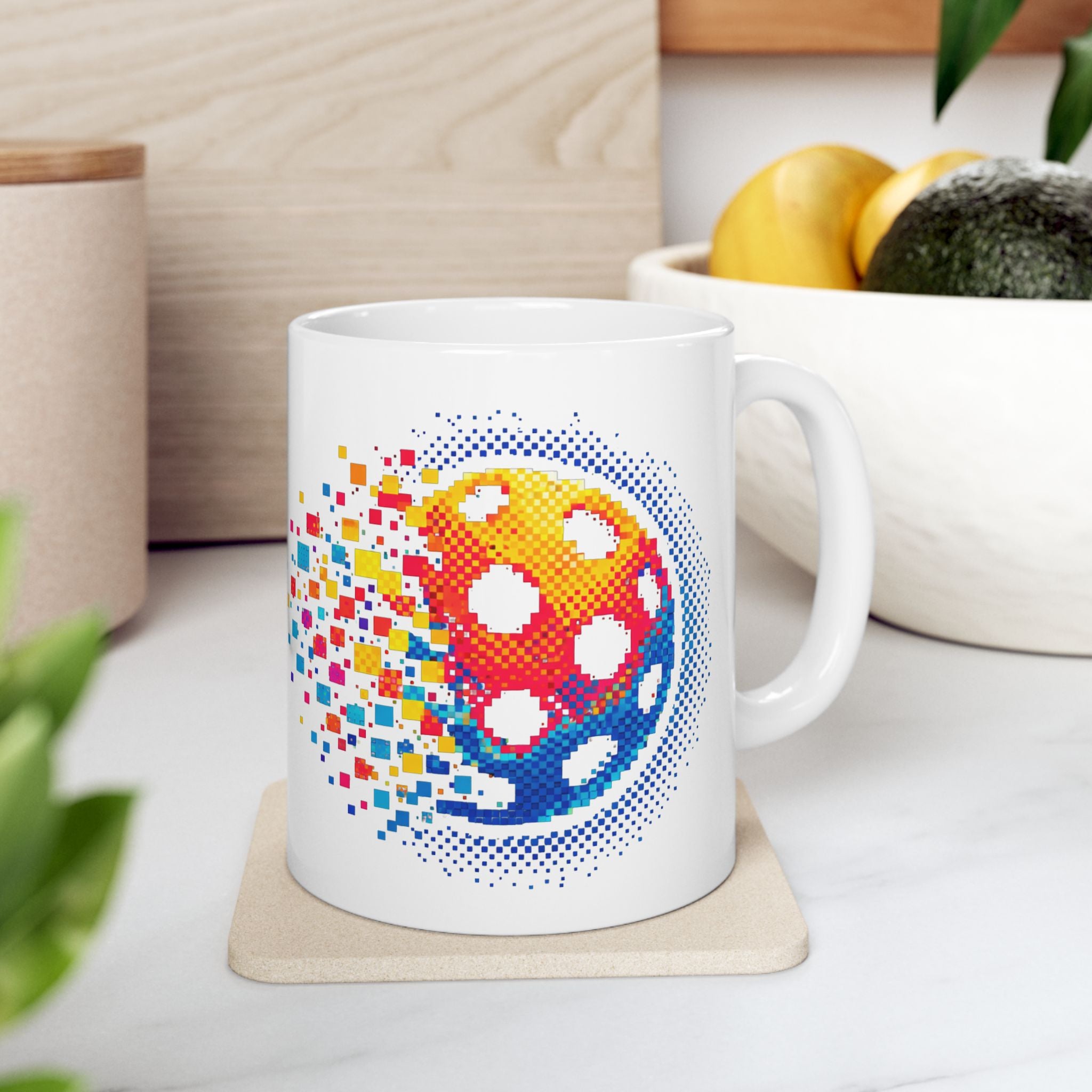 Ceramic mug with pixelated pickleball design, retro exploding graphic, 11oz or 15oz size, by Printify.