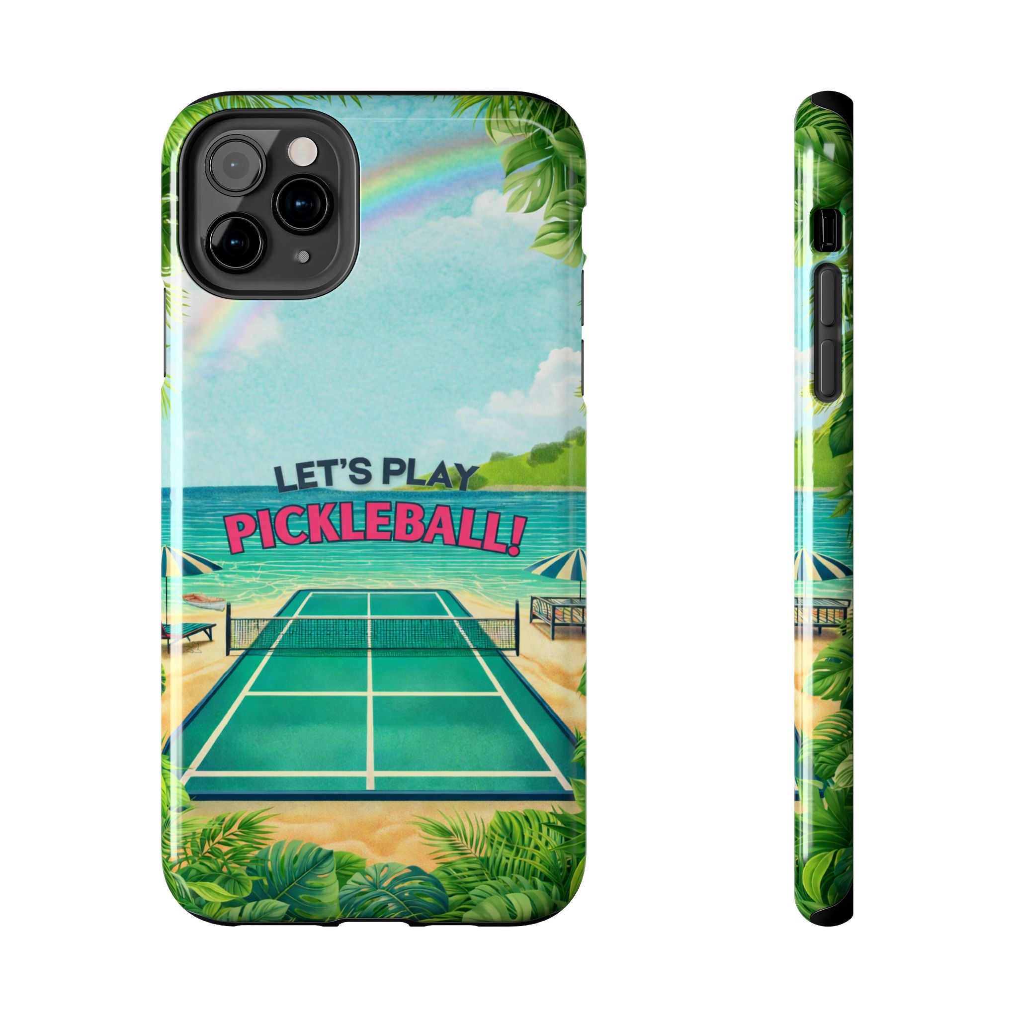 Let's Play Pickleball Tropical Tough Phone Case by Printify with colorful beach and court design for iPhone or Android.