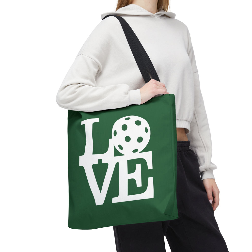 Dark sporty green Pickleball LOVE tote bag, 18x18 inches, large carryall with bold print and sturdy handles for sports and everyday use.