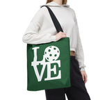 Dark sporty green Pickleball LOVE tote bag, 18x18 inches, large carryall with bold print and sturdy handles for sports and everyday use.