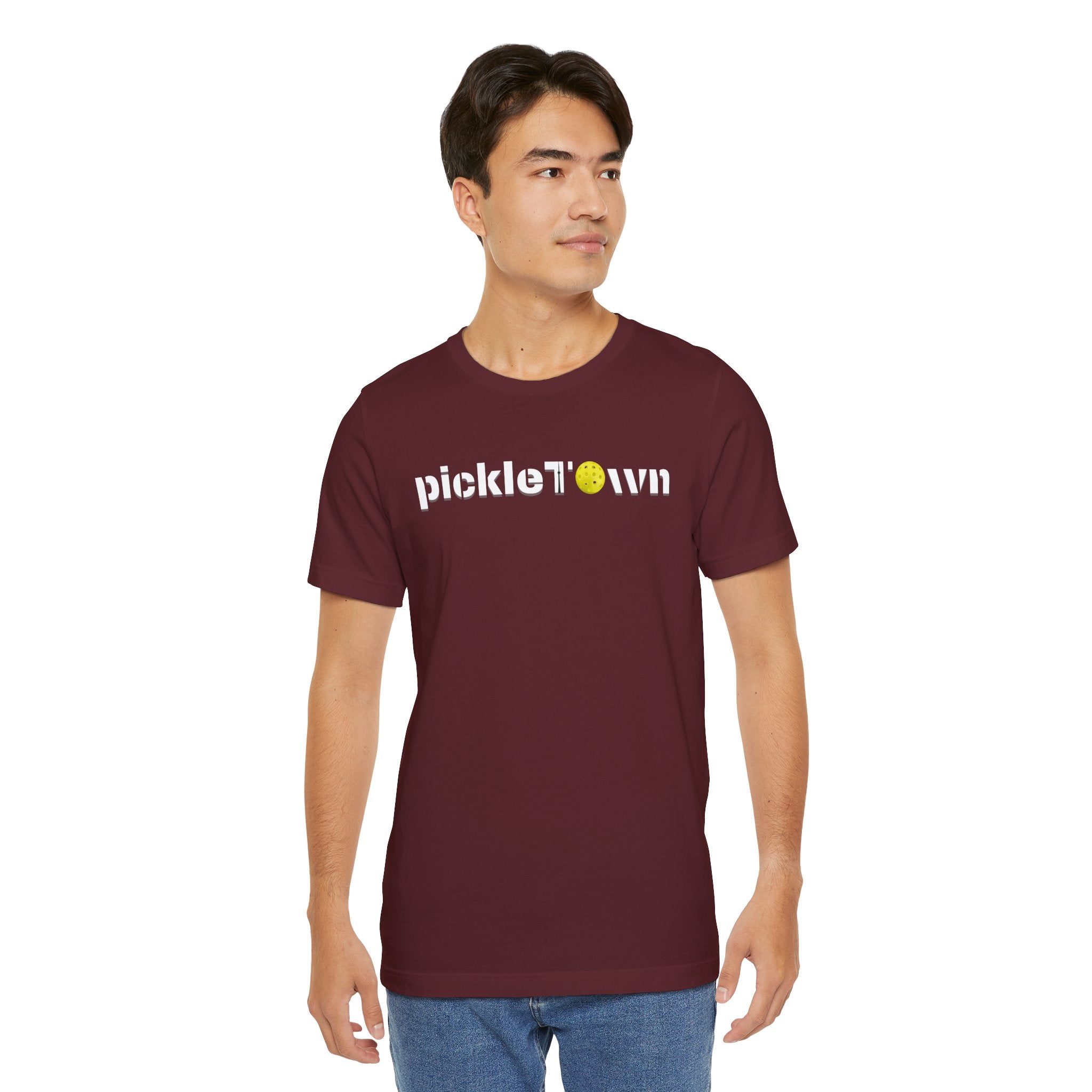 Toronto PickleTOwn T-Shirt featuring CN Tower and pickleball design, showcasing a casual, stylish printify-branded graphic tee.