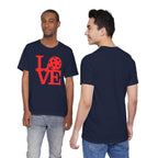 Red LOVE Pickleball graphic T-shirt from Printify featuring bold pop art design on a casual cotton tee.