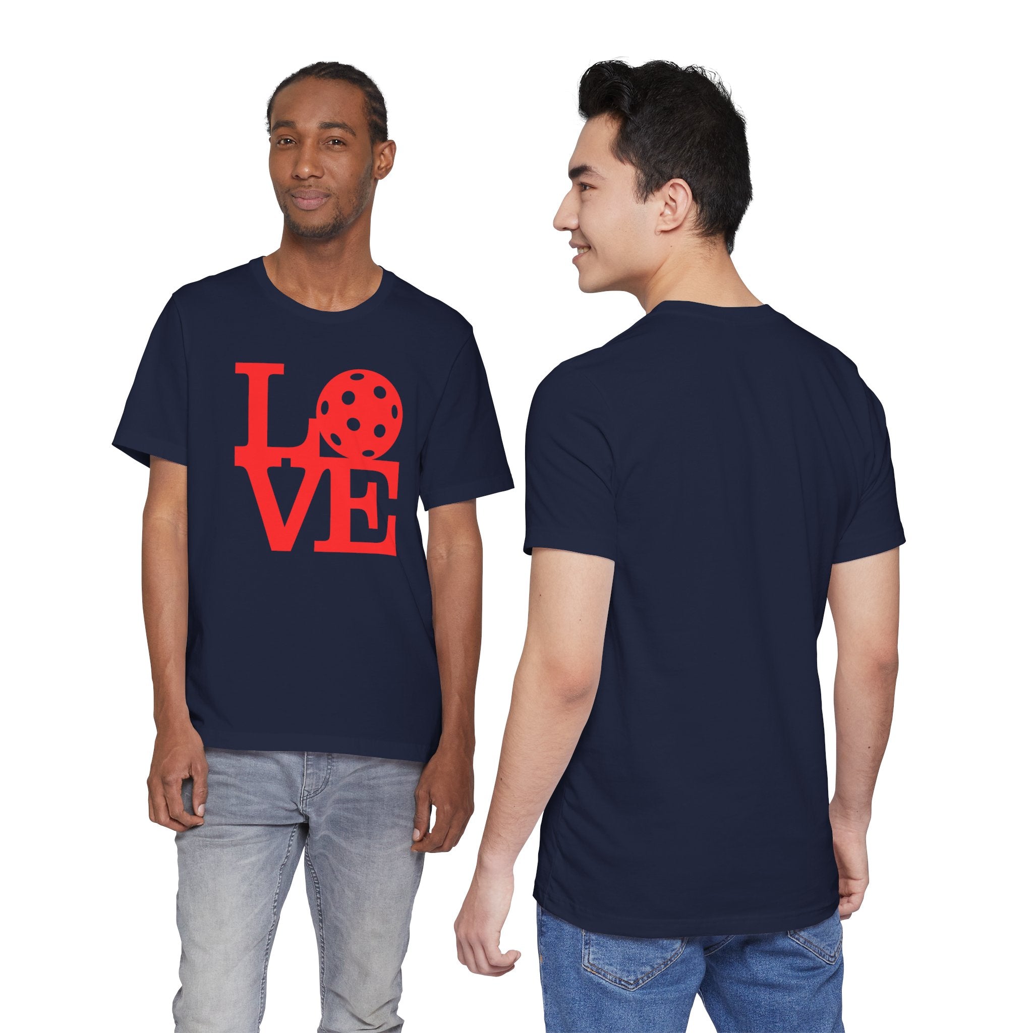 Red LOVE Pickleball graphic T-shirt from Printify featuring bold pop art design on a casual cotton tee.