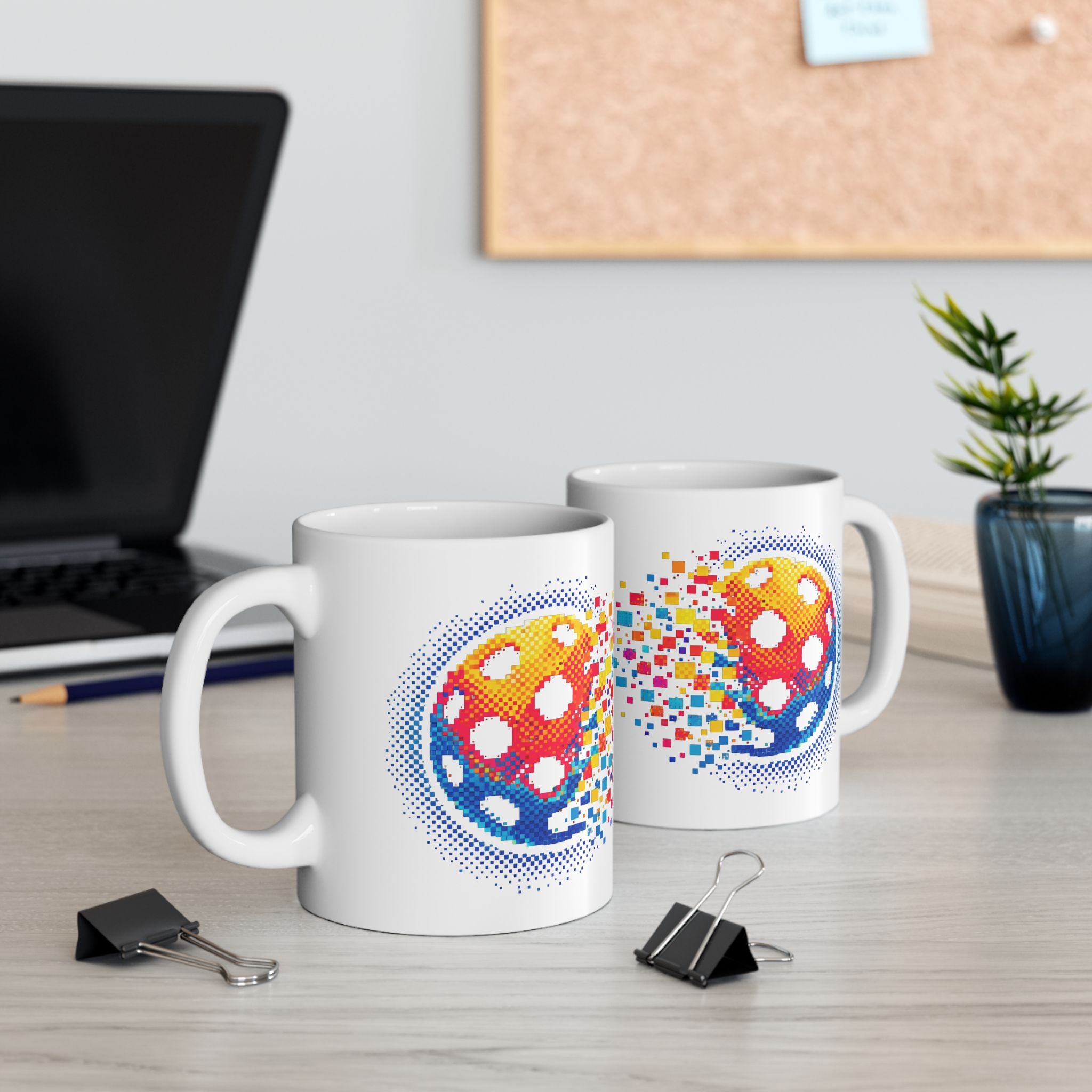 Ceramic Matrix Burst Pickleball Mug with retro exploding design, available in 11oz and 15oz sizes, by Printify