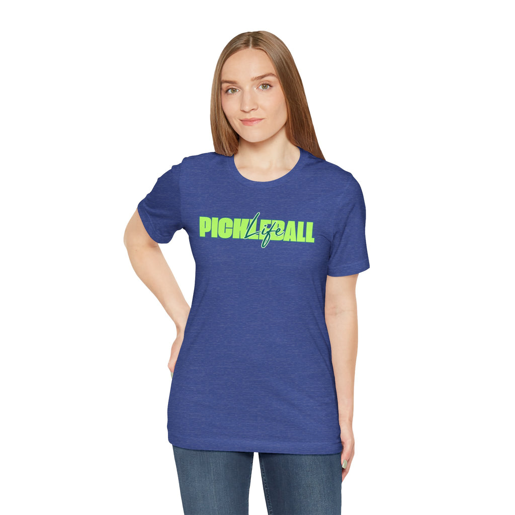 Unisex Pickleball Life graphic T-shirt in bold green and blue colors, featuring a sporty design on front.