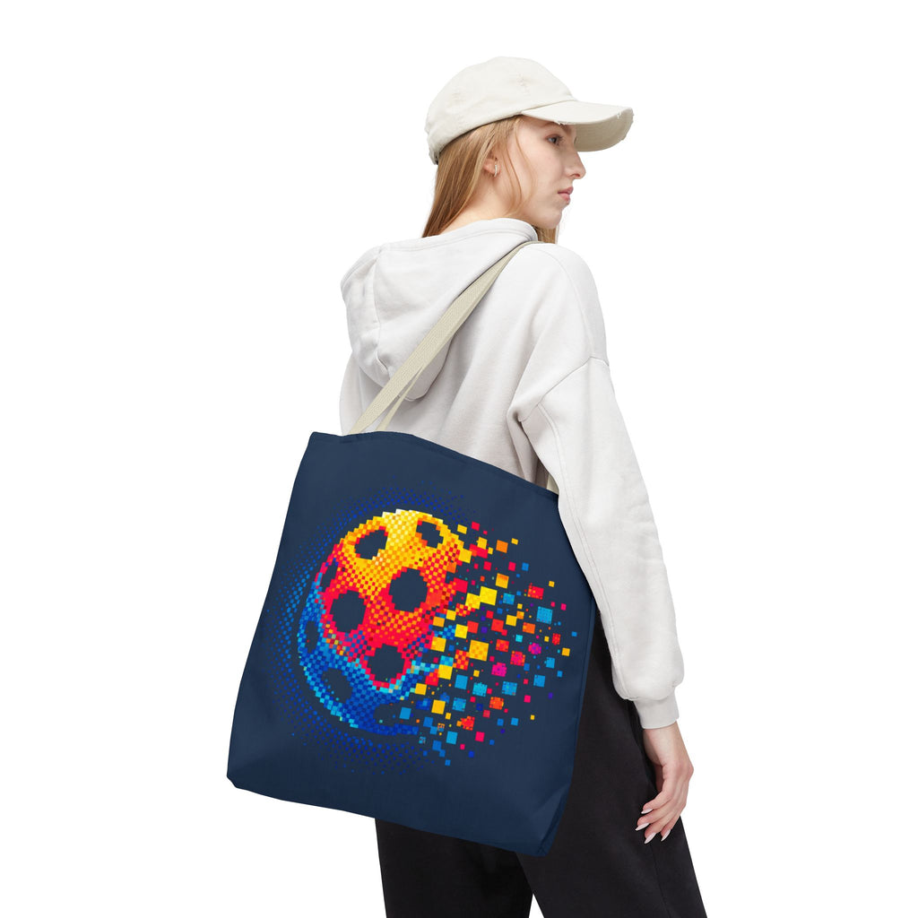 Matrix Burst Pickleball Large Navy Tote Bag — Retro Digital Pickleball Design