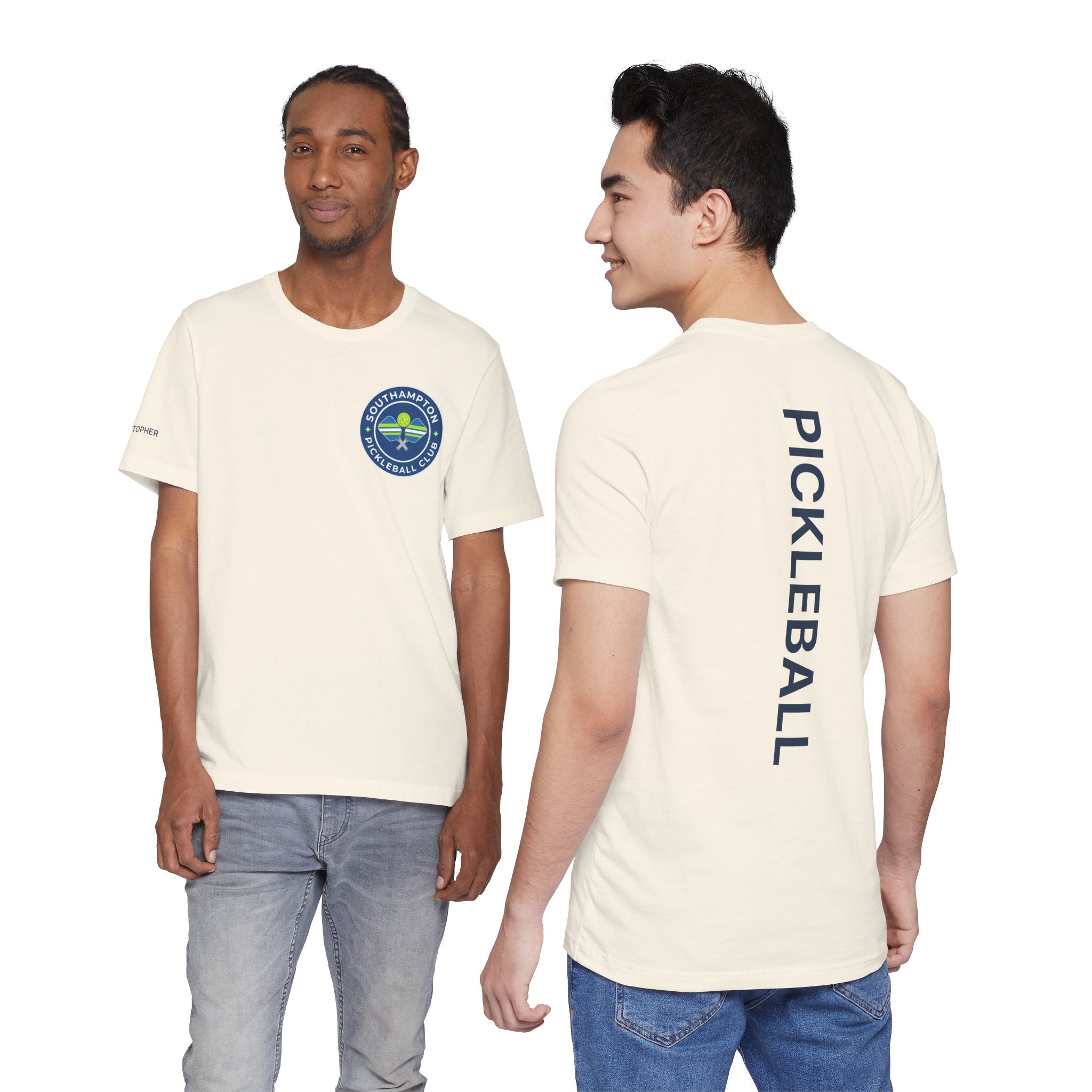 Personalized pickleball T-shirt with custom name sleeve and club logo on back, featuring a central pickleball graphic.