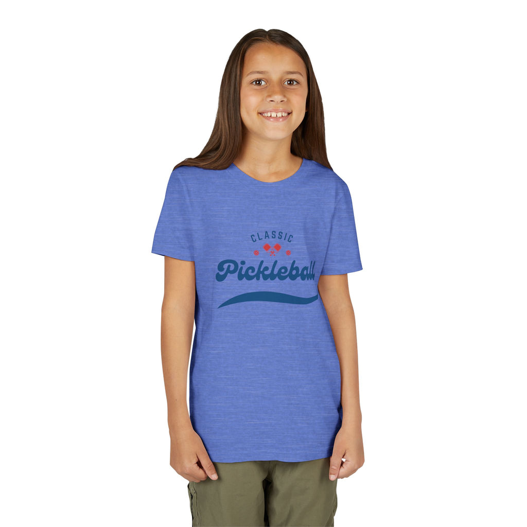 Kids retro pickleball T-shirt by Printify featuring colorful vintage-inspired design for boys and girls.