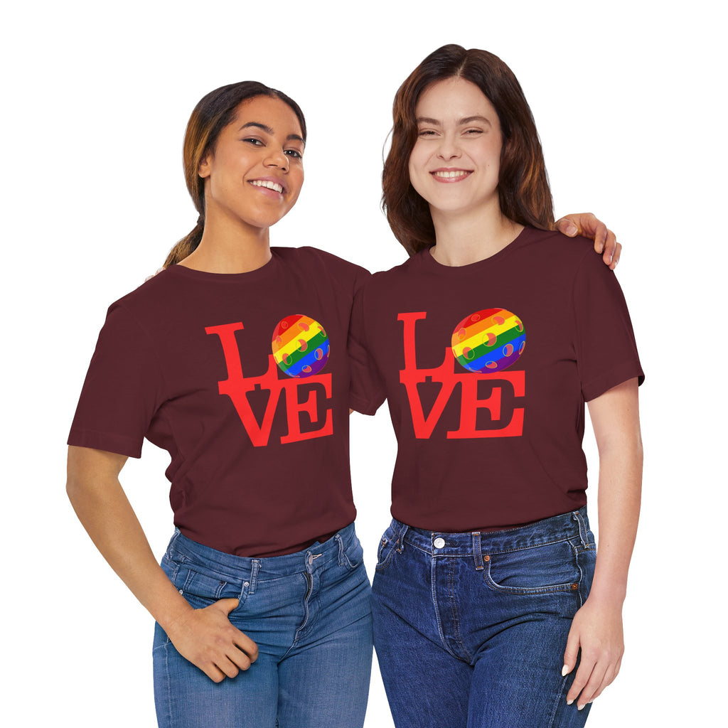 Rainbow LGBTQ2 love pickleball pride T-shirt by Printify, featuring colorful pride flag graphics on a casual T-shirt.