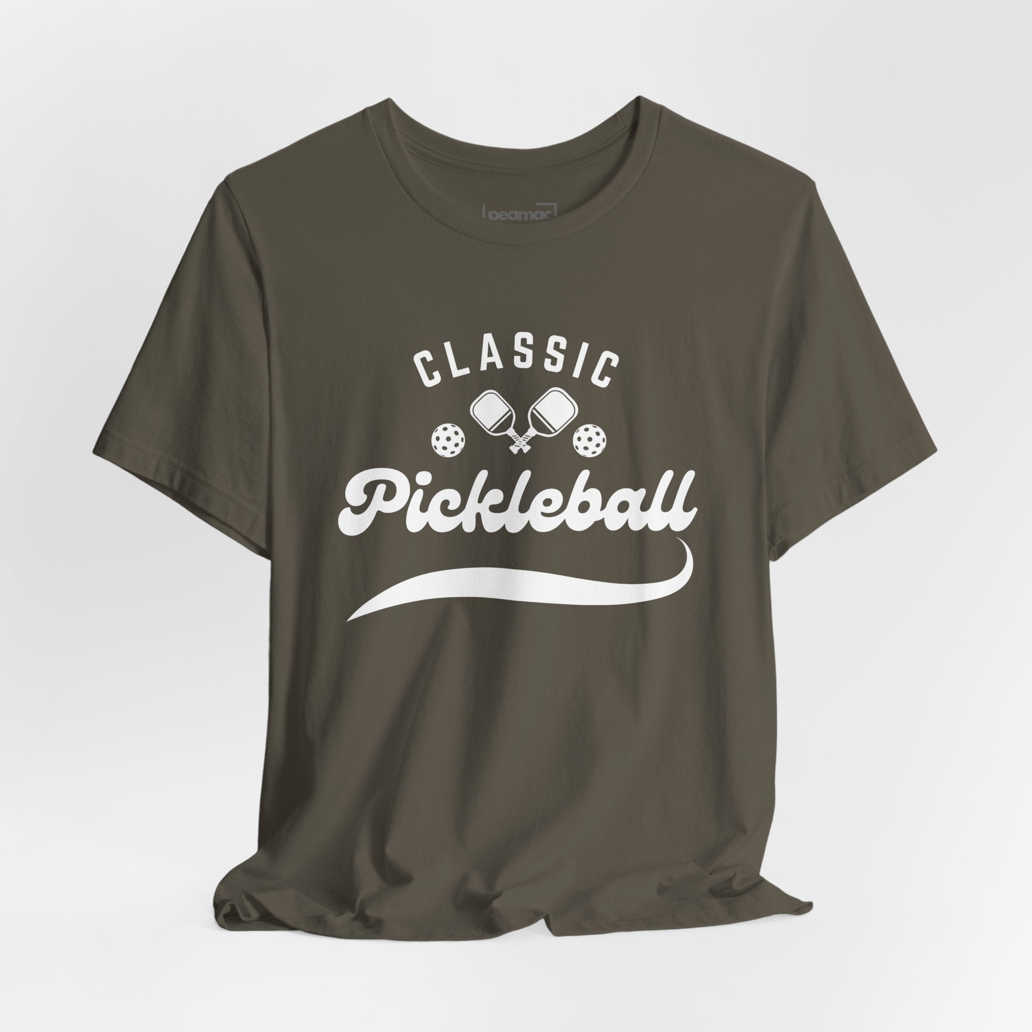 Classic pickleball T-shirt with "Pickleball" script design, comfortable cotton tee for pickleball players and fans.
