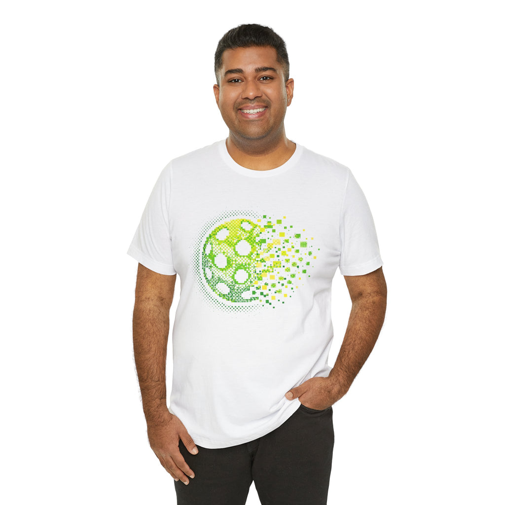 Green Pixelated Pickleball Tee featuring retro court graphic, casual T-shirt by Printify for pickleball enthusiasts.