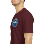 Personalized pickleball T-shirt by Printify with custom name on the sleeve, club logo, and pickleball graphic on the back.
