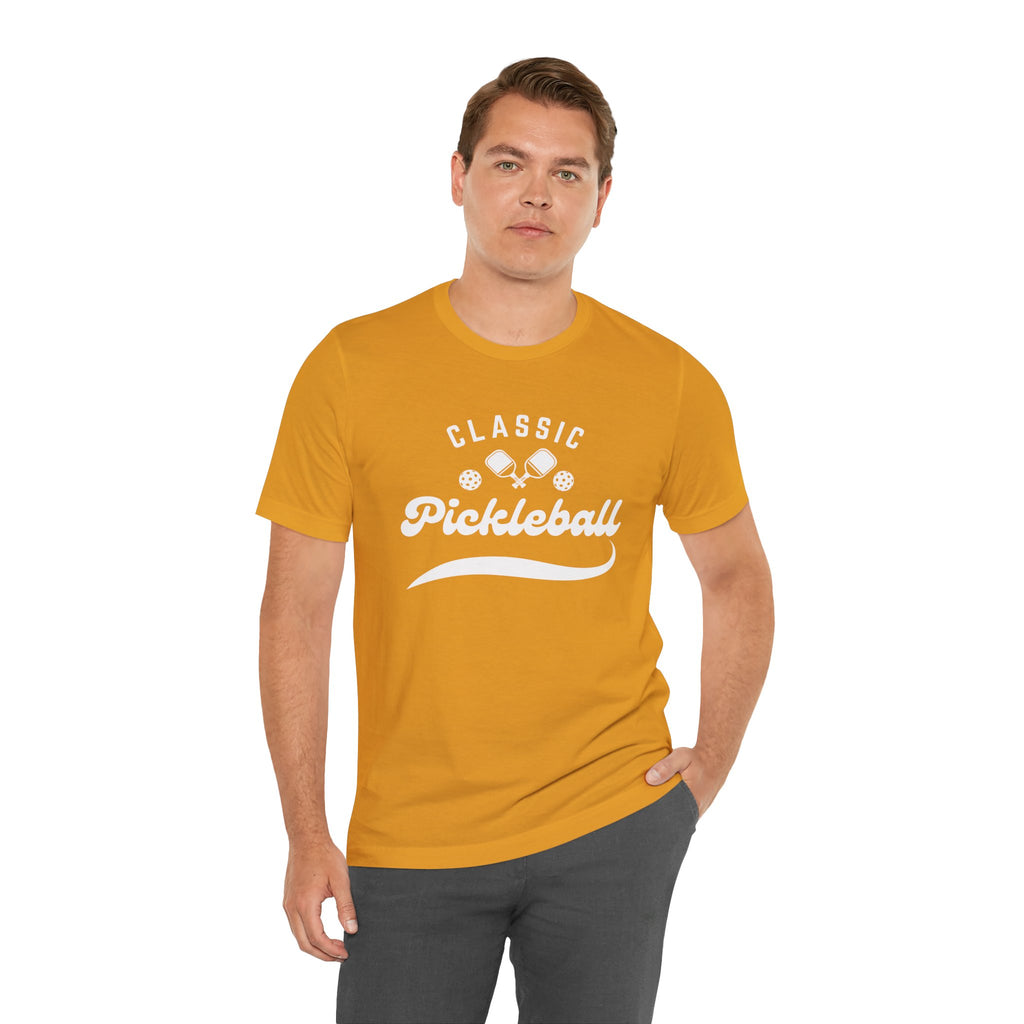 Classic pickleball T-shirt with "Pickleball" script design, casual athletic wear by Printify, featuring a comfortable fit and vibrant print.