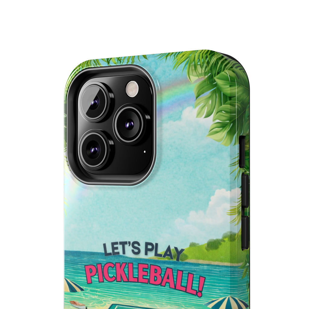 Tropical-themed Let's Play Pickleball phone case by Printify with beach court design, fits a smartphone for protection and style.