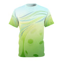 All-over print green leaf wave Pickleball Summer Breeze Tee, unisex shirt with vibrant summer-inspired design.