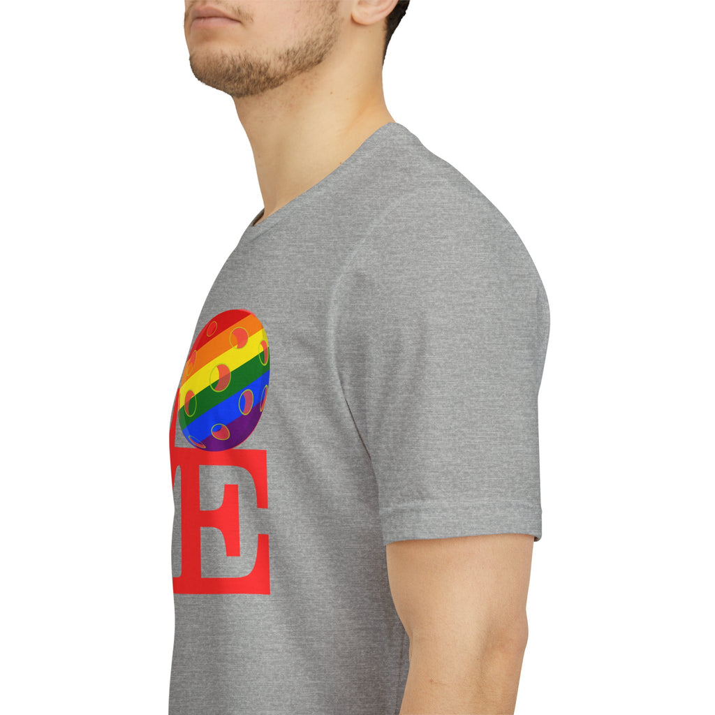 Rainbow LOVE Pickleball Pride T-Shirt by Printify featuring colorful LGBTQ2 rainbow design on a casual tee.