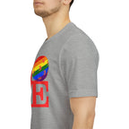 Rainbow LOVE Pickleball Pride T-Shirt by Printify featuring colorful LGBTQ2 rainbow design on a casual tee.