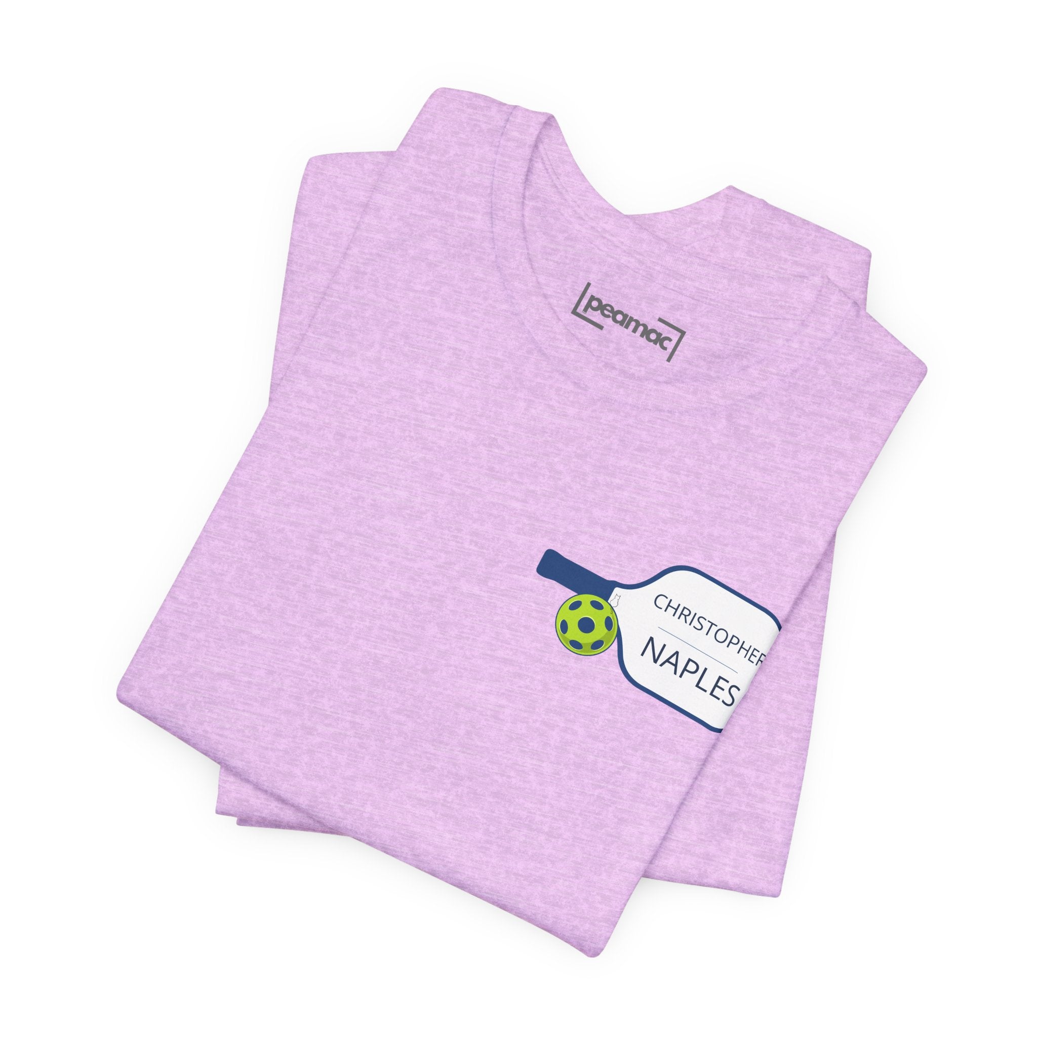 Personalized pickleball T-shirt from Printify featuring custom name and club text with paddle graphic design.