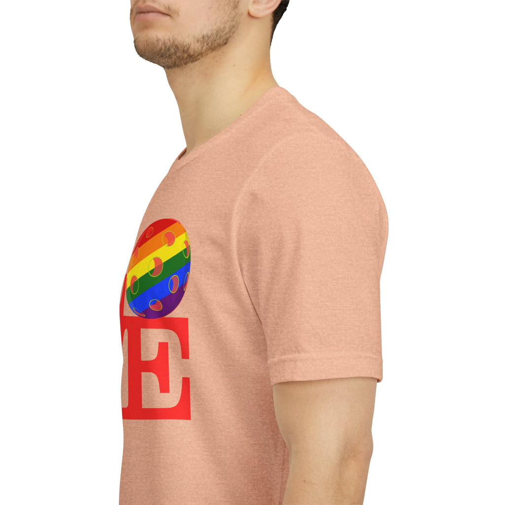 Rainbow LGBTQ2 Pride T-Shirt featuring LOVE Pickleball logo, vibrant colors, and comfortable cotton fabric.