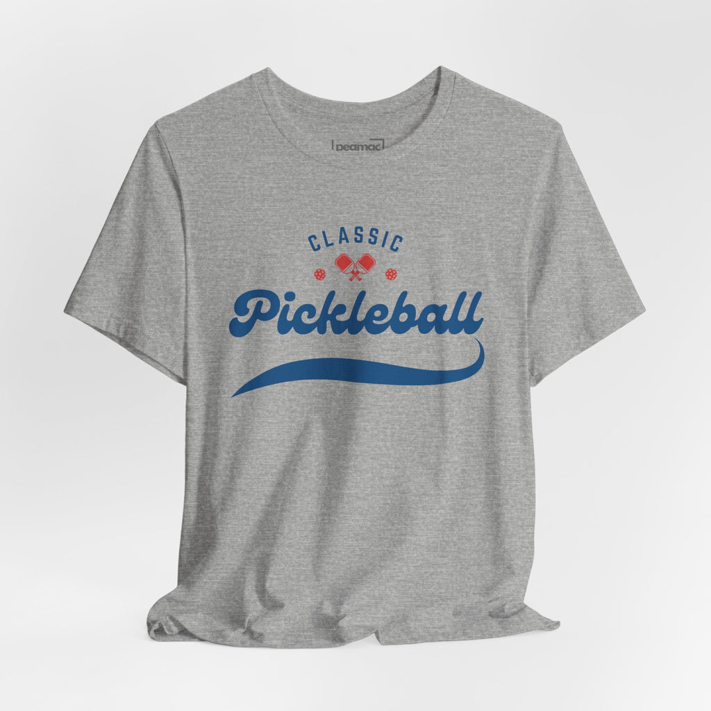 Red and blue pickleball script T-shirt with paddle and ball design, casual printify brand tee for pickleball enthusiasts