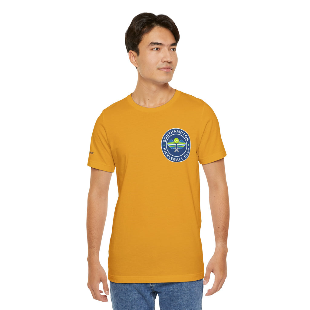 Personalized pickleball T-shirt by Printify with custom name on sleeve and club logo on center back, casual athletic style.
