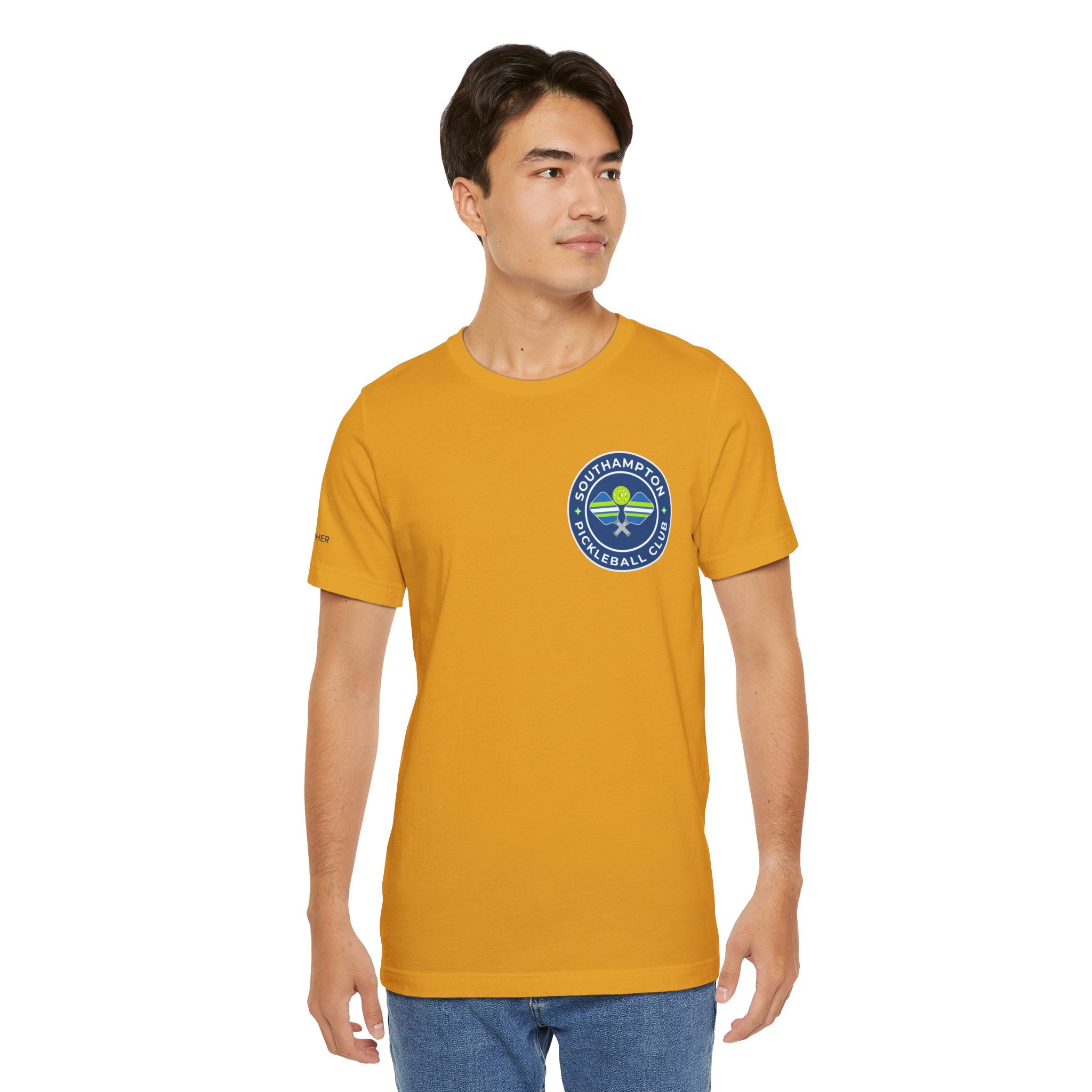 Personalized pickleball T-shirt by Printify with custom name on sleeve and club logo on center back, casual athletic style.