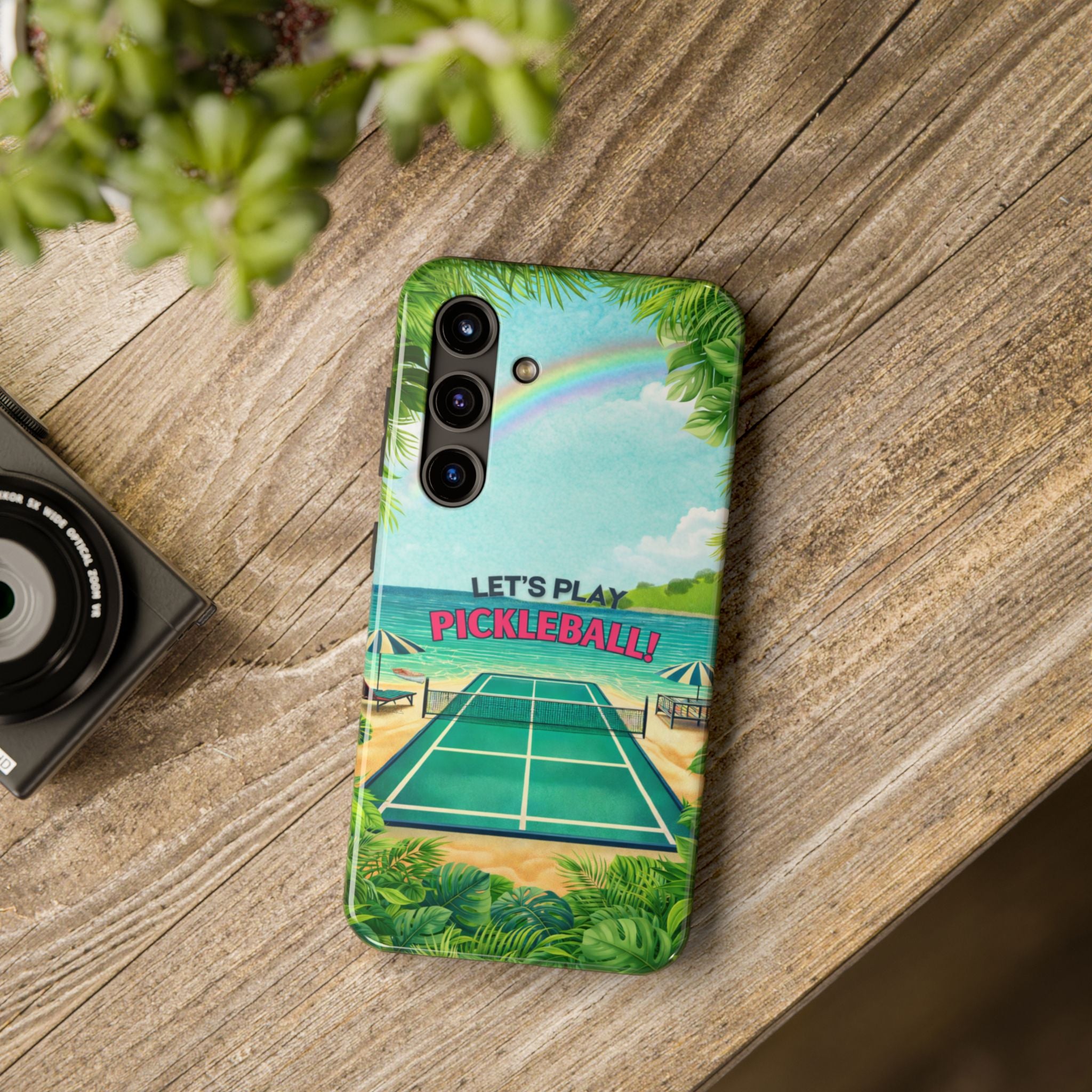 Let's Play Pickleball tropical tough phone case by Printify featuring a colorful beach court design for iPhone or Android devices.