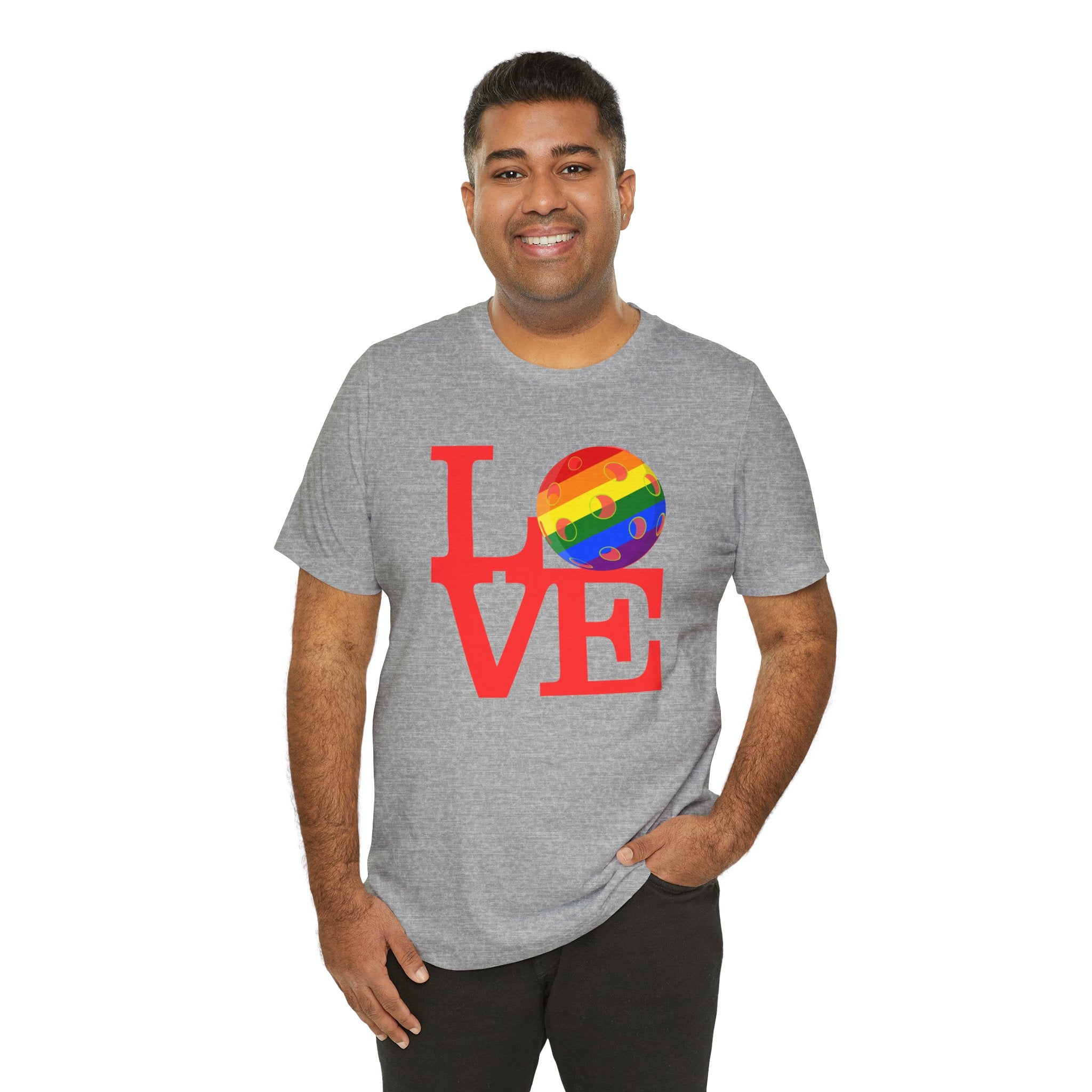 Rainbow LGBTQ2 Pride T-Shirt featuring the LOVE Pickleball logo, colorful design, and comfortable cotton fabric.