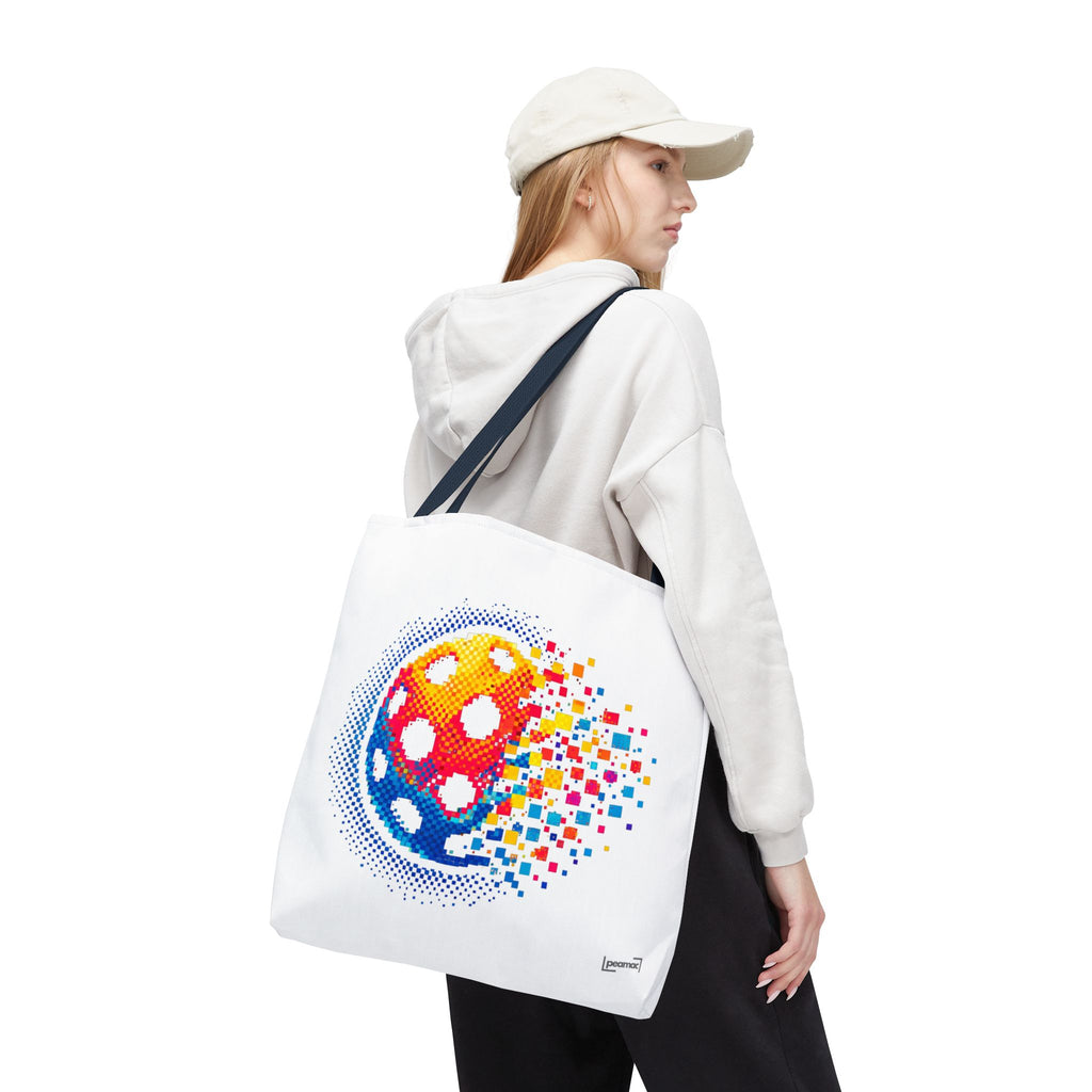 Matrix Burst Pickleball large tote bag featuring a retro digital pickleball design, made by Printify.