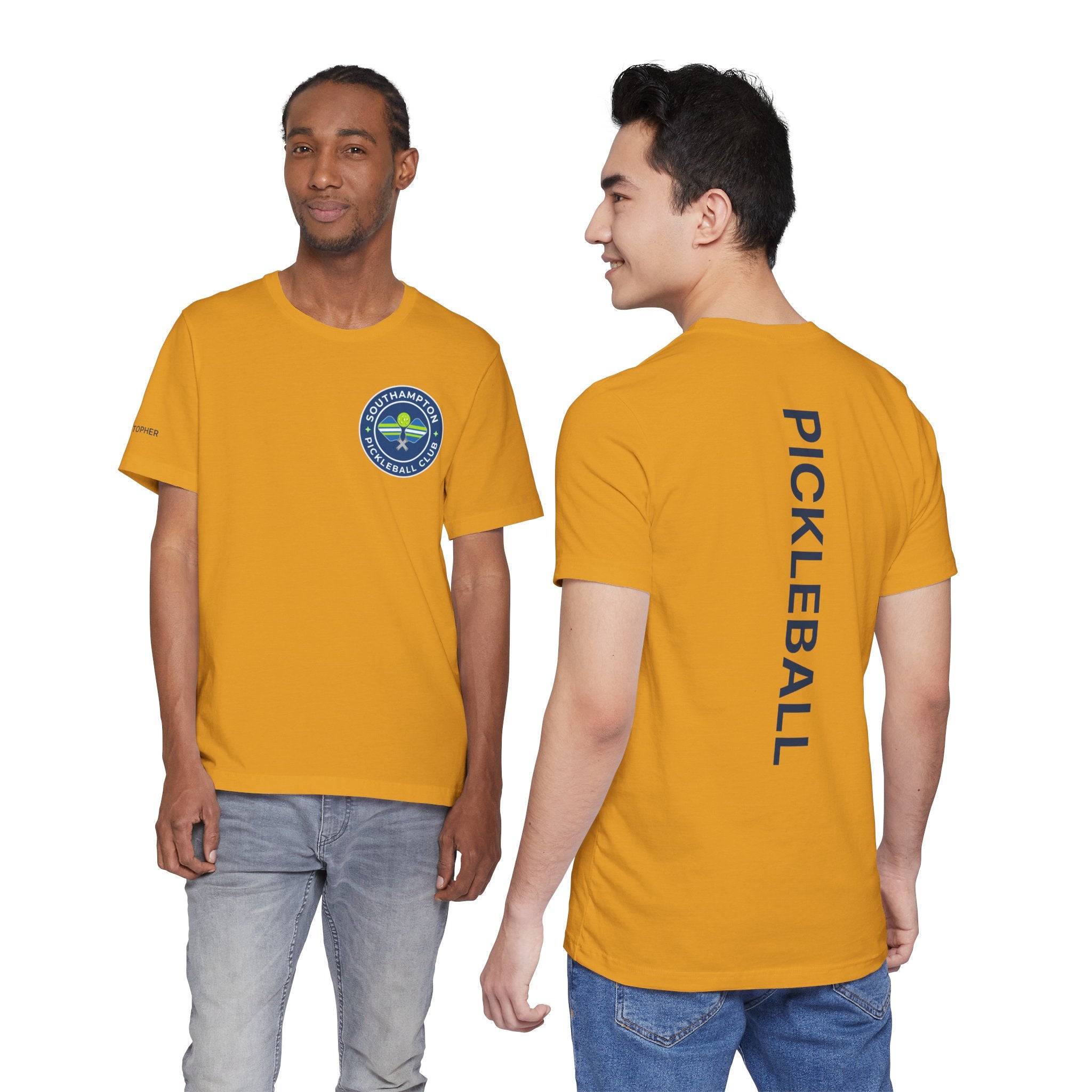 Personalized Printify pickleball T-shirt with custom name sleeve and club logo on the back, designed for pickleball players.