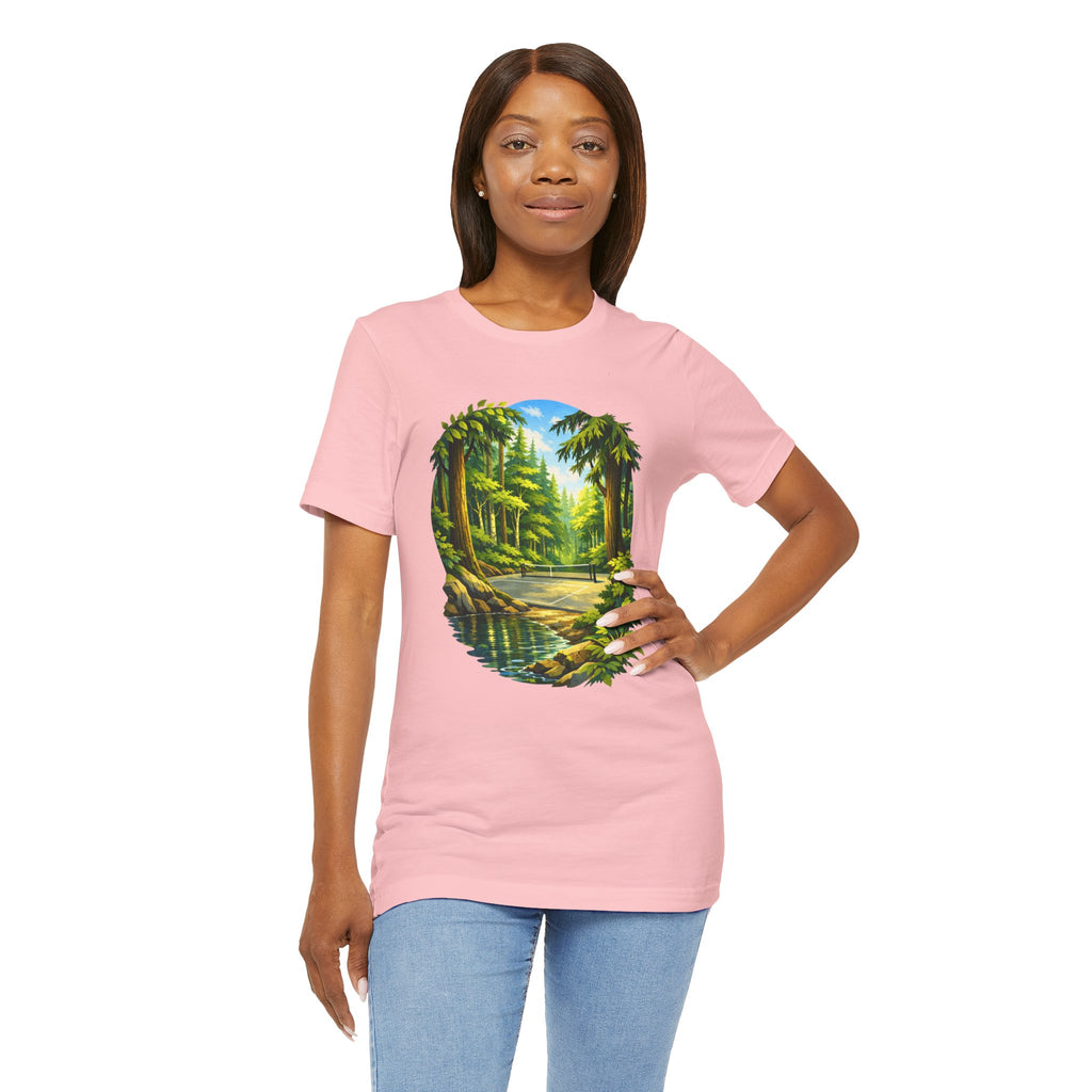 Unisex Hidden Forest Pickleball T-Shirt with Bainbridge Island tribute design, featuring a nature-inspired print on a comfortable cotton tee.