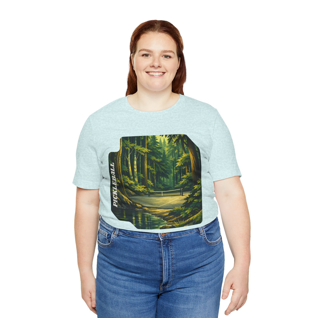 Unisex Hidden Forest Pickleball T-Shirt by Printify featuring a Bainbridge Island tribute design on a casual tee.