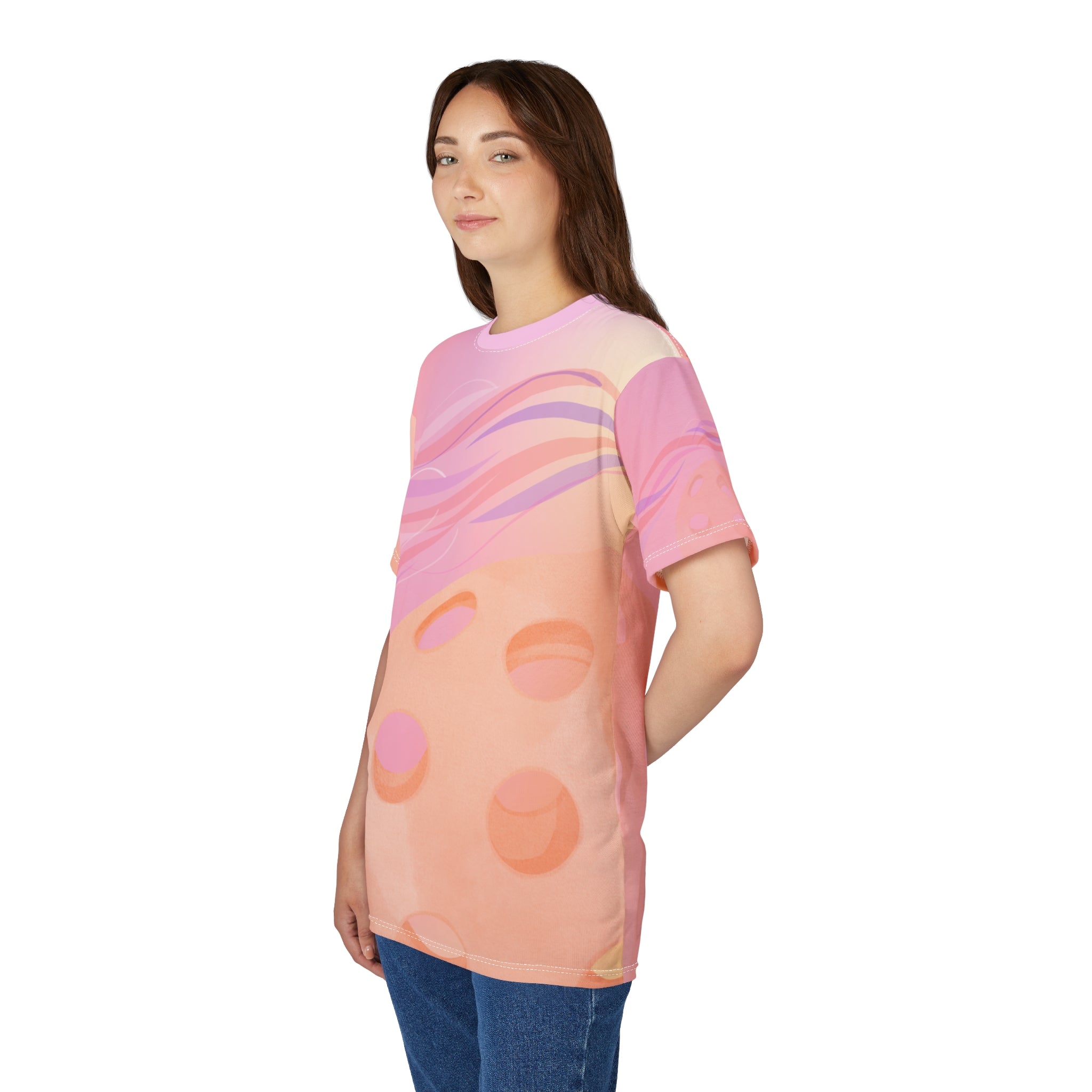 All-over print July Sunset Pickleball Tee by Printify, moisture-wicking unisex T-shirt featuring vibrant sunset design.