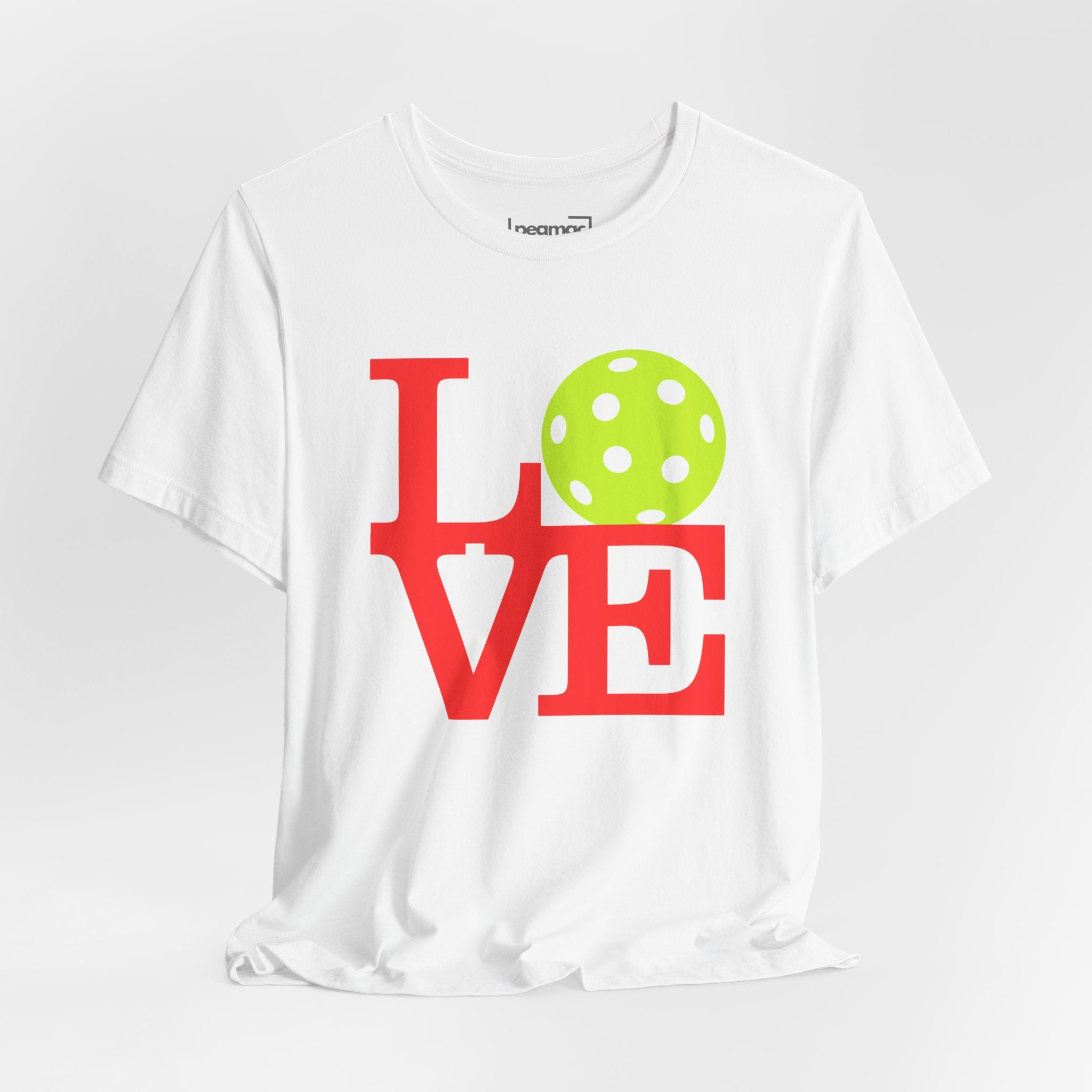Neon pop art style LOVE Pickleball T-Shirt by Printify featuring bold colorful design on a premium cotton tee.