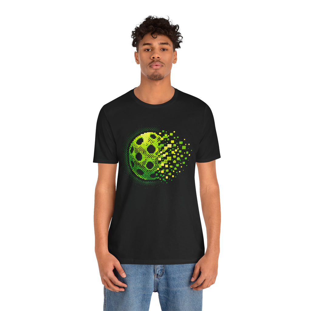 Green Pixelated Pickleball Tee with retro court graphic, casual T-shirt by Printify featuring vibrant pickleball design.