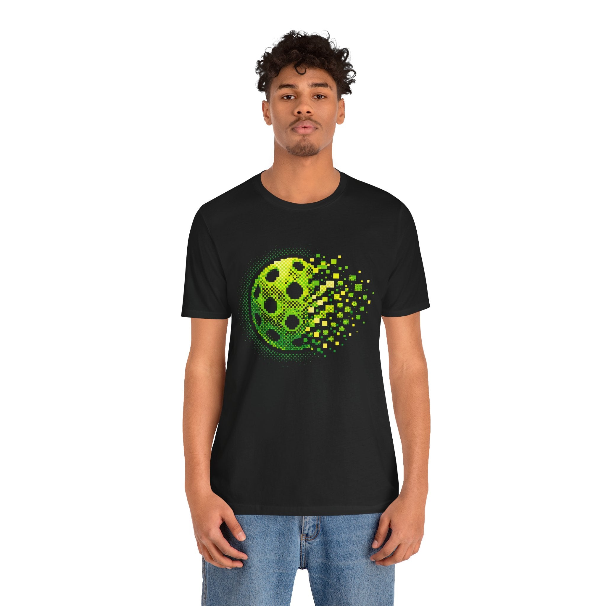 Green Pixelated Pickleball Tee with retro court graphic, casual T-shirt by Printify featuring vibrant pickleball design.