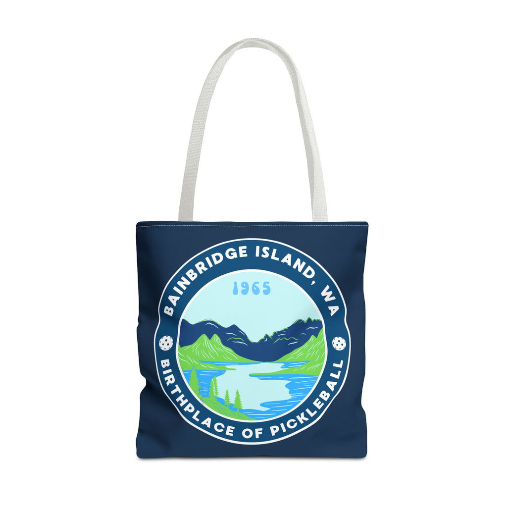 Large Printify pickleball tote bag featuring Bainbridge Island WA, the birthplace of pickleball, with spacious compartments for gear.