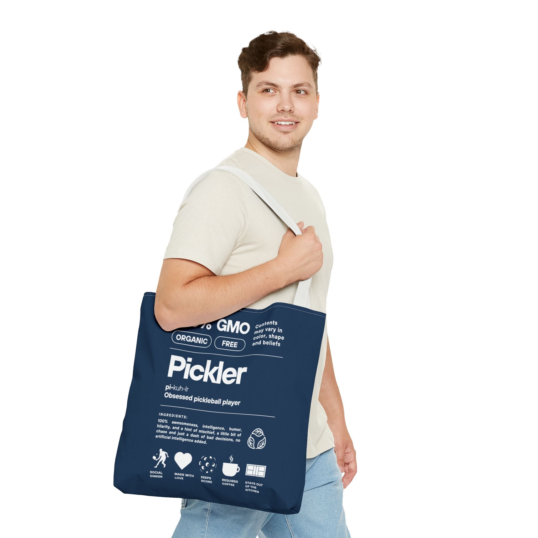 Male figure Pickler Tote Bag with pickleball design, 100% GMO-Free, made by Printify, casual tote for pickleball enthusiasts