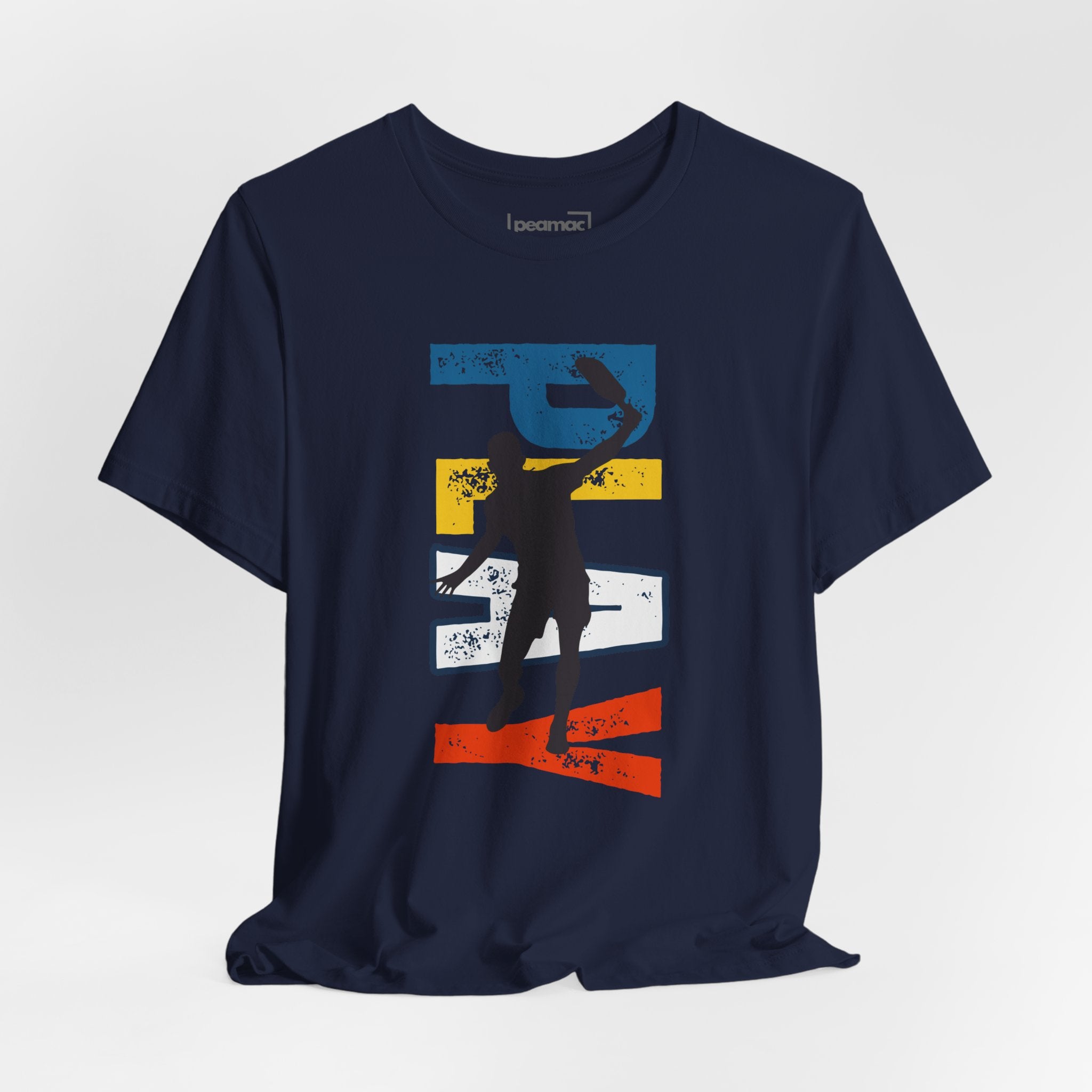 Men's Retro Pickleball Action T-Shirt with dynamic front silhouette and vertical "PICKLEBALL" text on the back.
