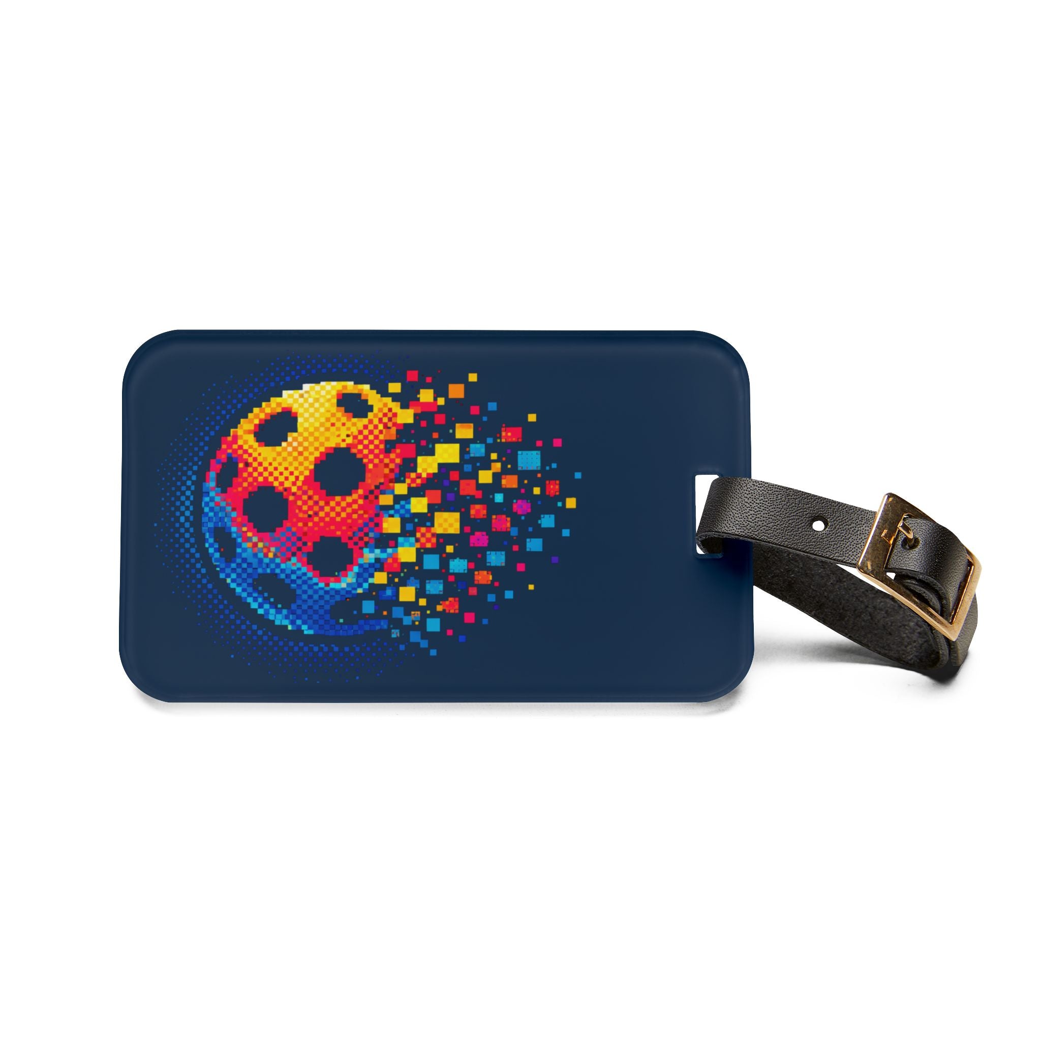 Pixelated pickleball court ID luggage tag with leather strap and buckle, accessory for travel and sports gear.