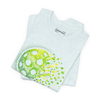 Green Matrix Burst Pickleball T-Shirt with retro court graphic, casual crew neck tee by Printify, perfect for pickleball enthusiasts.