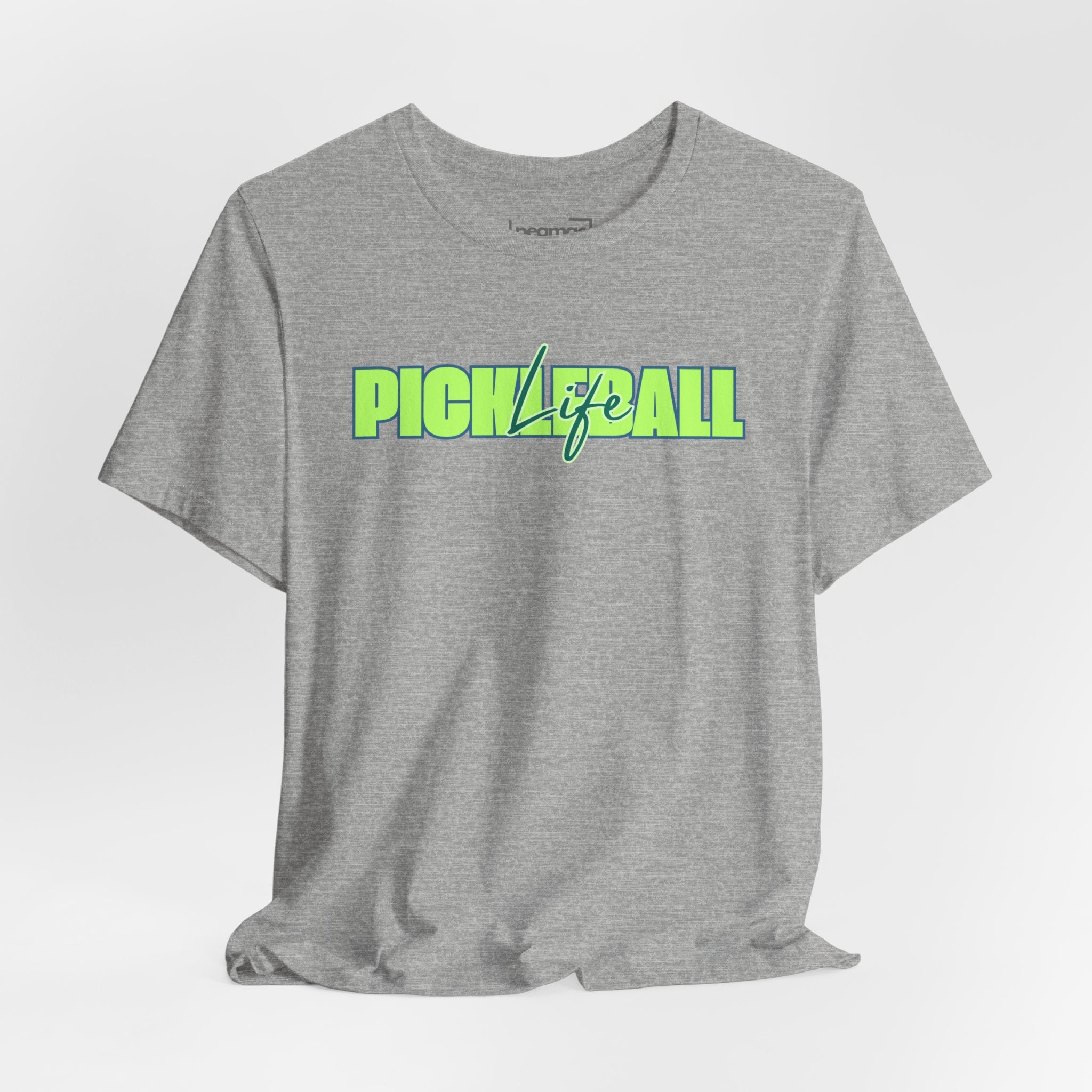 Unisex Pickleball Life T-shirt with bold green and blue graphic design, made by Printify, casual sportswear for pickleball enthusiasts.