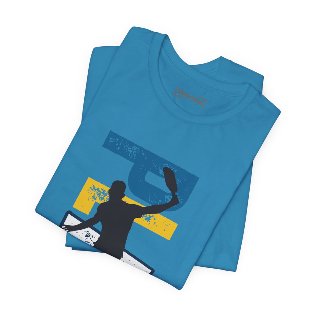 Men's Retro Pickleball Action T-Shirt with front silhouette and vertical 'PICKLEBALL' text on the back, by Printify.