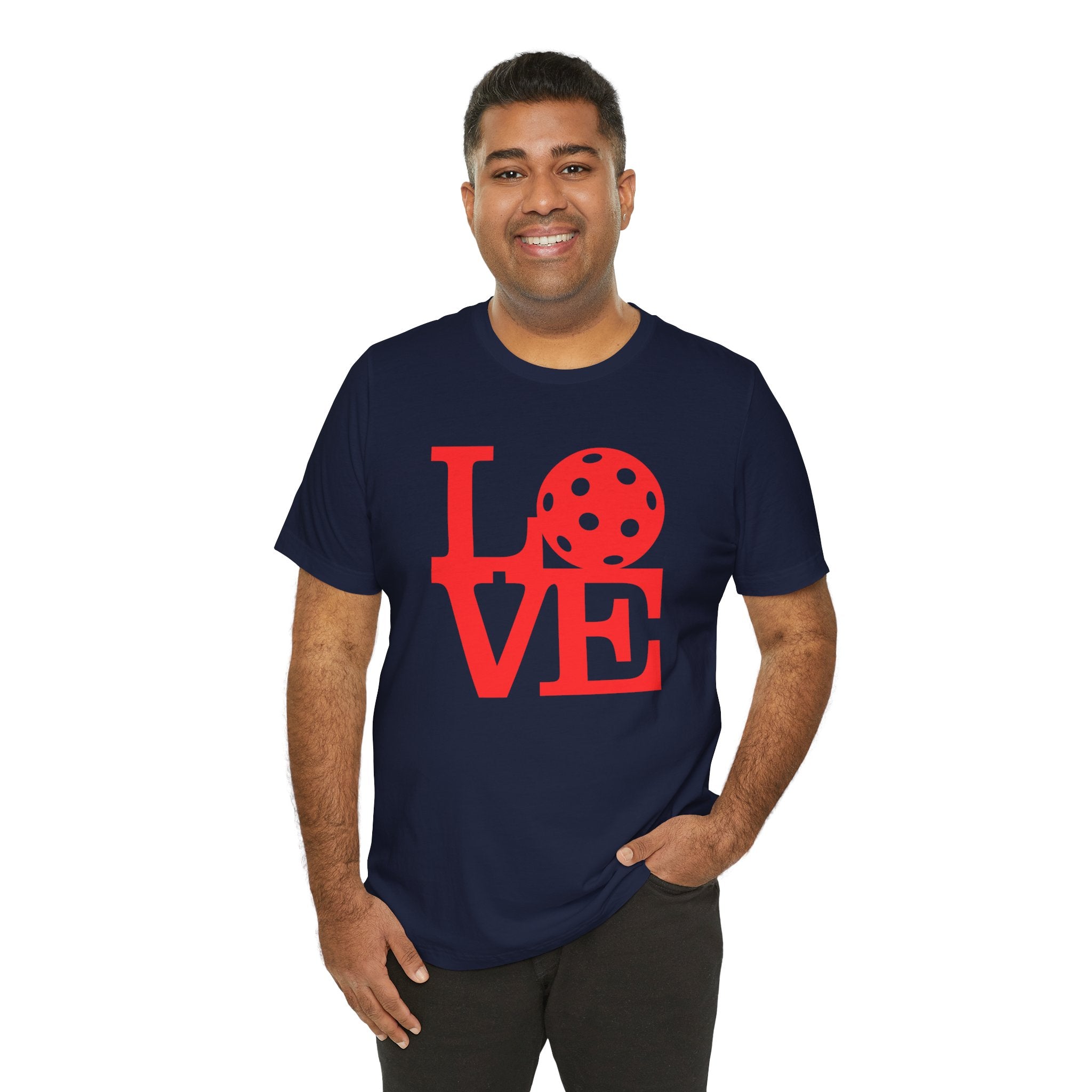 Bold red LOVE Pickleball graphic T-shirt by Printify featuring pop art style design, casual unisex apparel for pickleball fans.