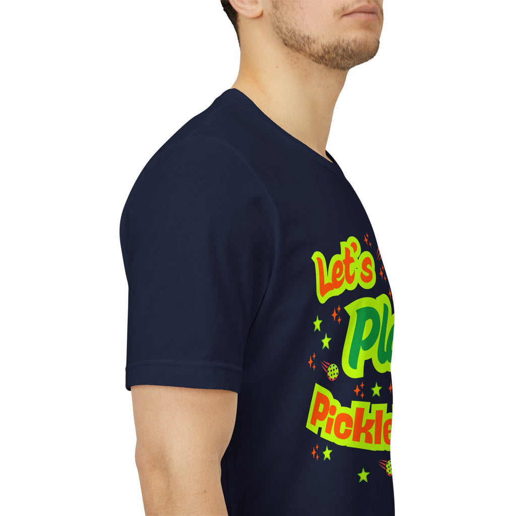 Neon orange and electric green pickleball rally tee with court graphic, casual printify T-shirt for active sportswear.