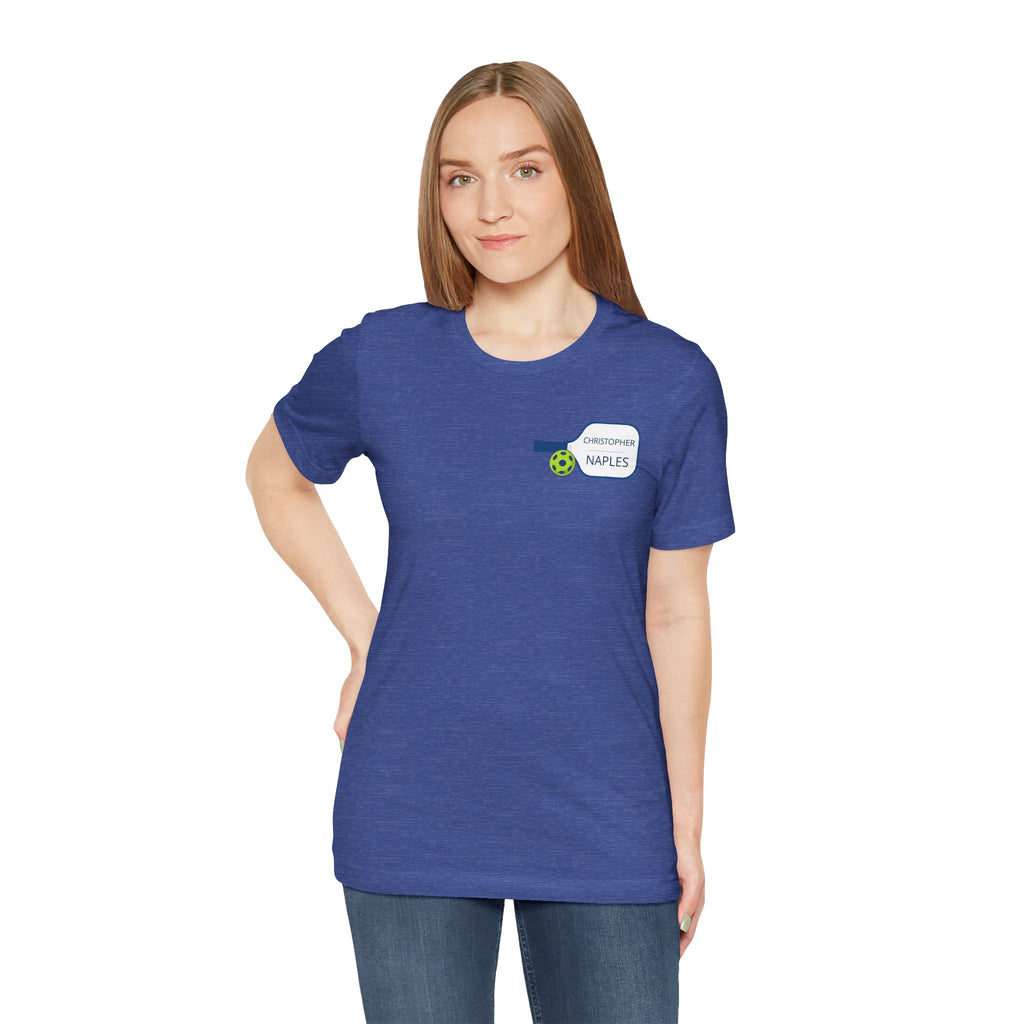 Personalized pickleball T-shirt by Printify with custom name and club on paddle graphic design, casual sportswear for players.