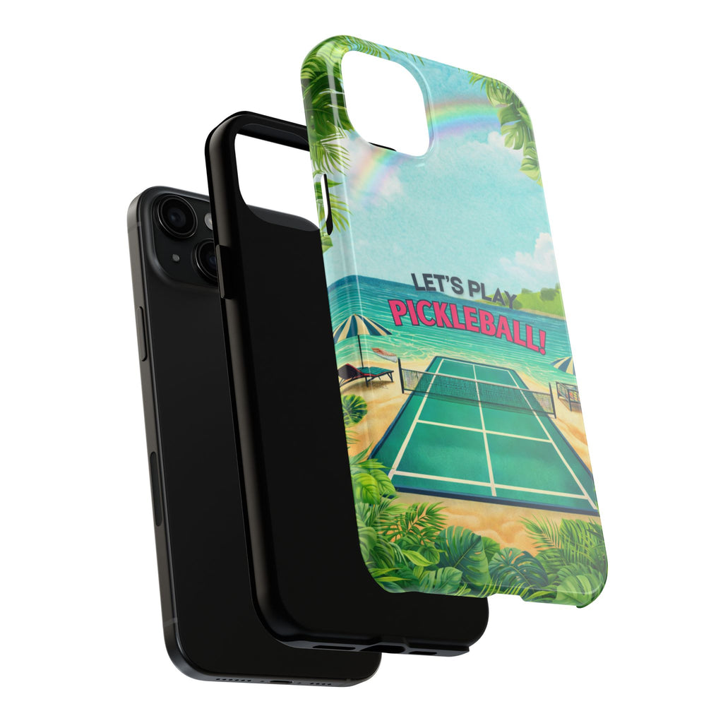 Let's Play Pickleball Tropical Tough Phone Case by Printify featuring a beach court design for iPhone and Samsung devices.