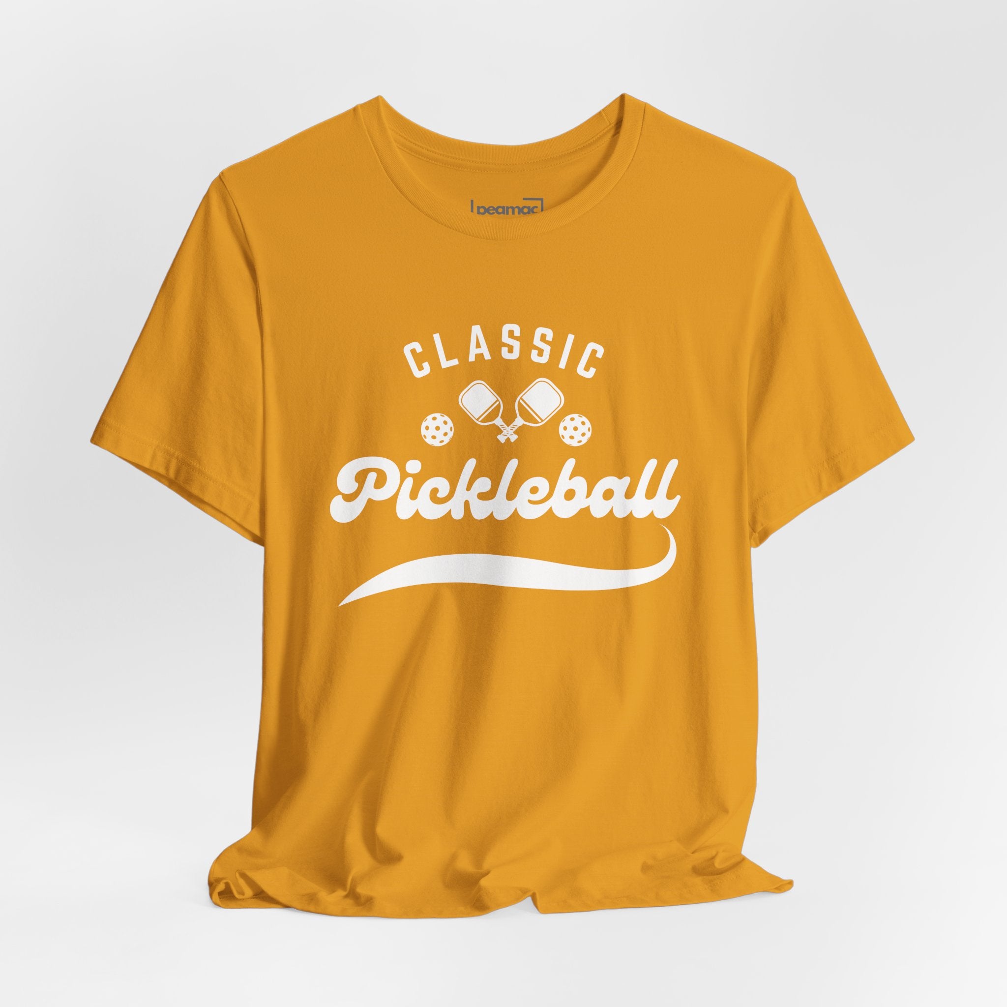 Classic pickleball T-shirt with "Pickleball" script design, comfortable cotton tee for pickleball enthusiasts.