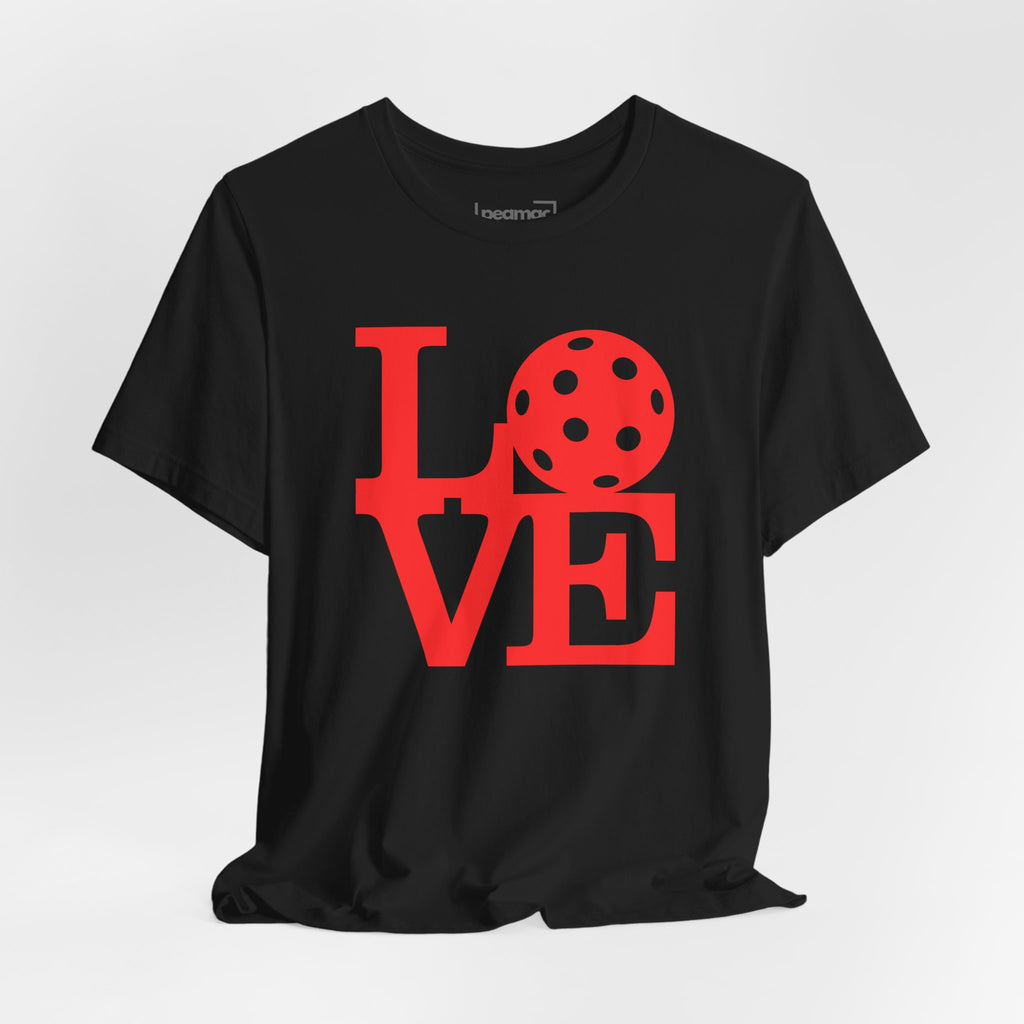 Red Love Pickleball graphic T-shirt by Printify featuring bold pop art design on a casual unisex tee.