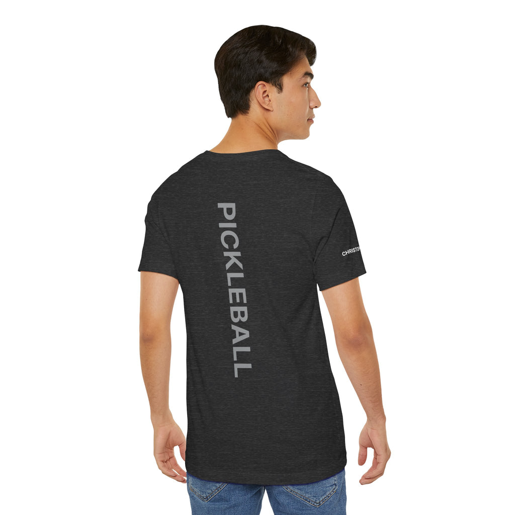 Personalized pickleball T-shirt by Printify featuring custom name sleeve, club logo, and pickleball graphic on the center back.